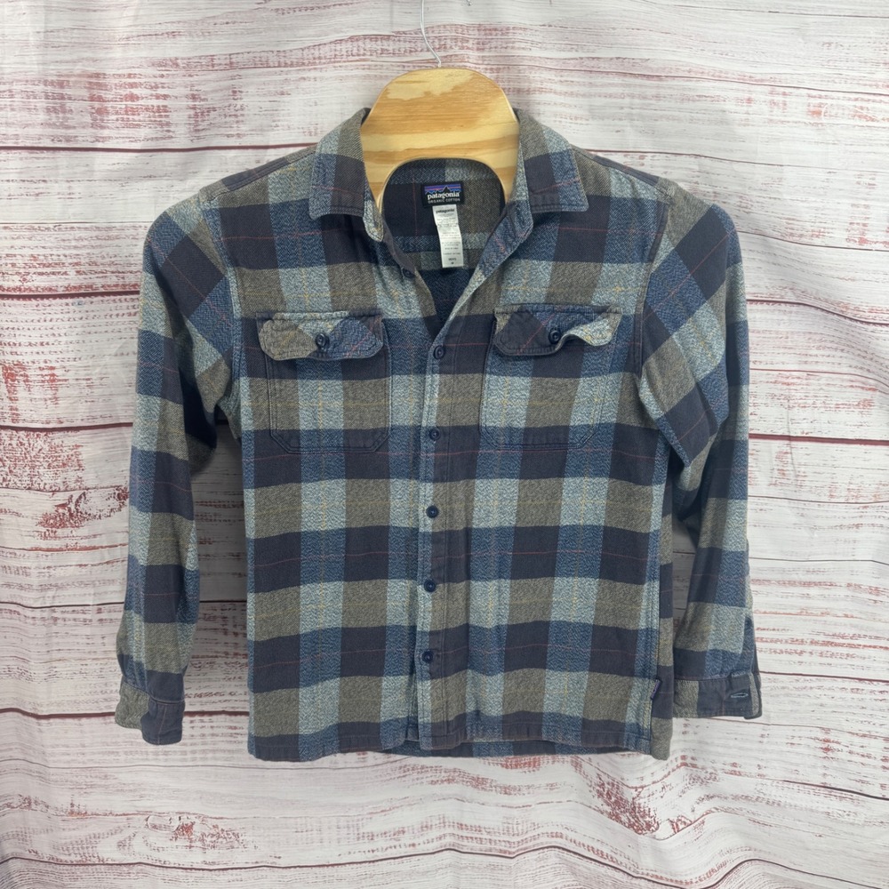 Patagonia Flannel Shirt Mens Medium Organic Cotton Plaid Blue Grey Pocket Heavy